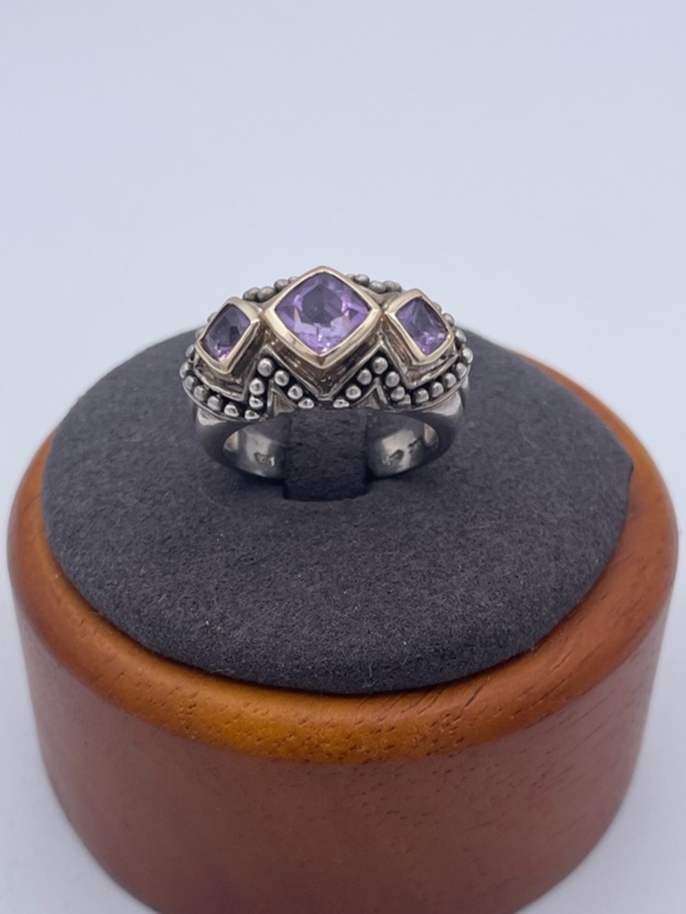 SLC Sterling Silver 925 & 14K Gold Amethyst Ring Three Stone Cushion Cut Ring s7